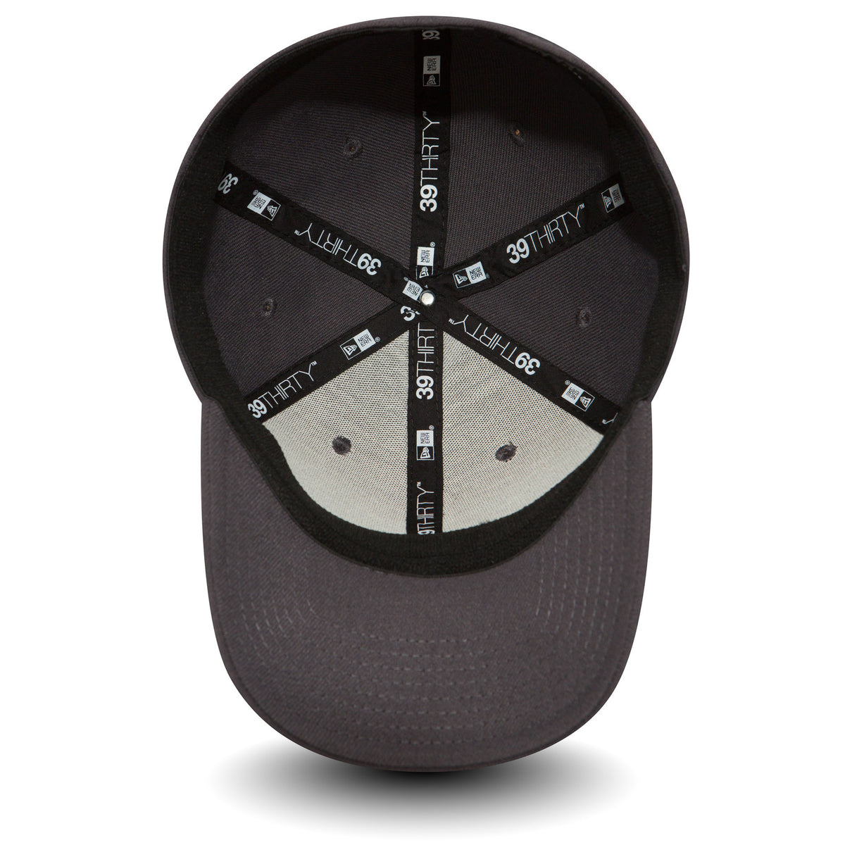 New Era Flag Graphite Grey New Era 39THIRTY Cap, inside view showing black taping with 39THIRTY branding, a black sweatband, and a grey undervisor, highlighting the structured inner design of the cap.