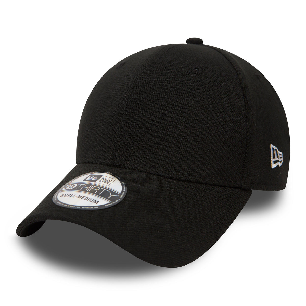 New Era Flag Black New Era 39THIRTY Cap, three-quarter view showing the white embroidered New Era flag logo on the left side, curved black visor with a 39THIRTY size sticker on top and structured black crown.