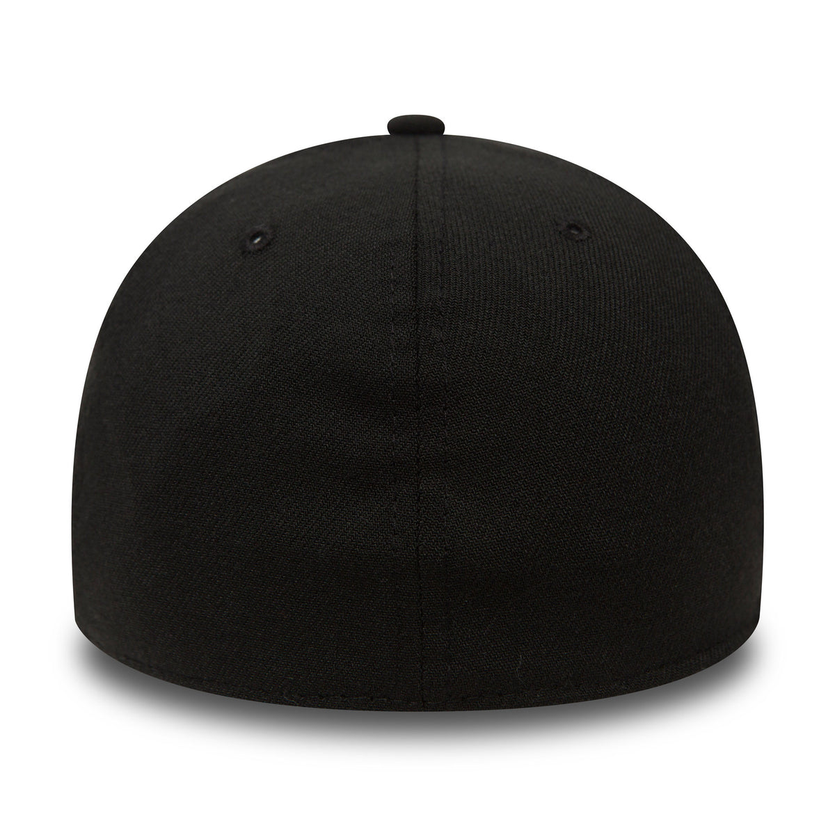New Era Flag Black New Era 39THIRTY Cap, rear view showing a seamless black crown with a top button and detailed stitching, featuring a plain design without additional logos or embellishments.