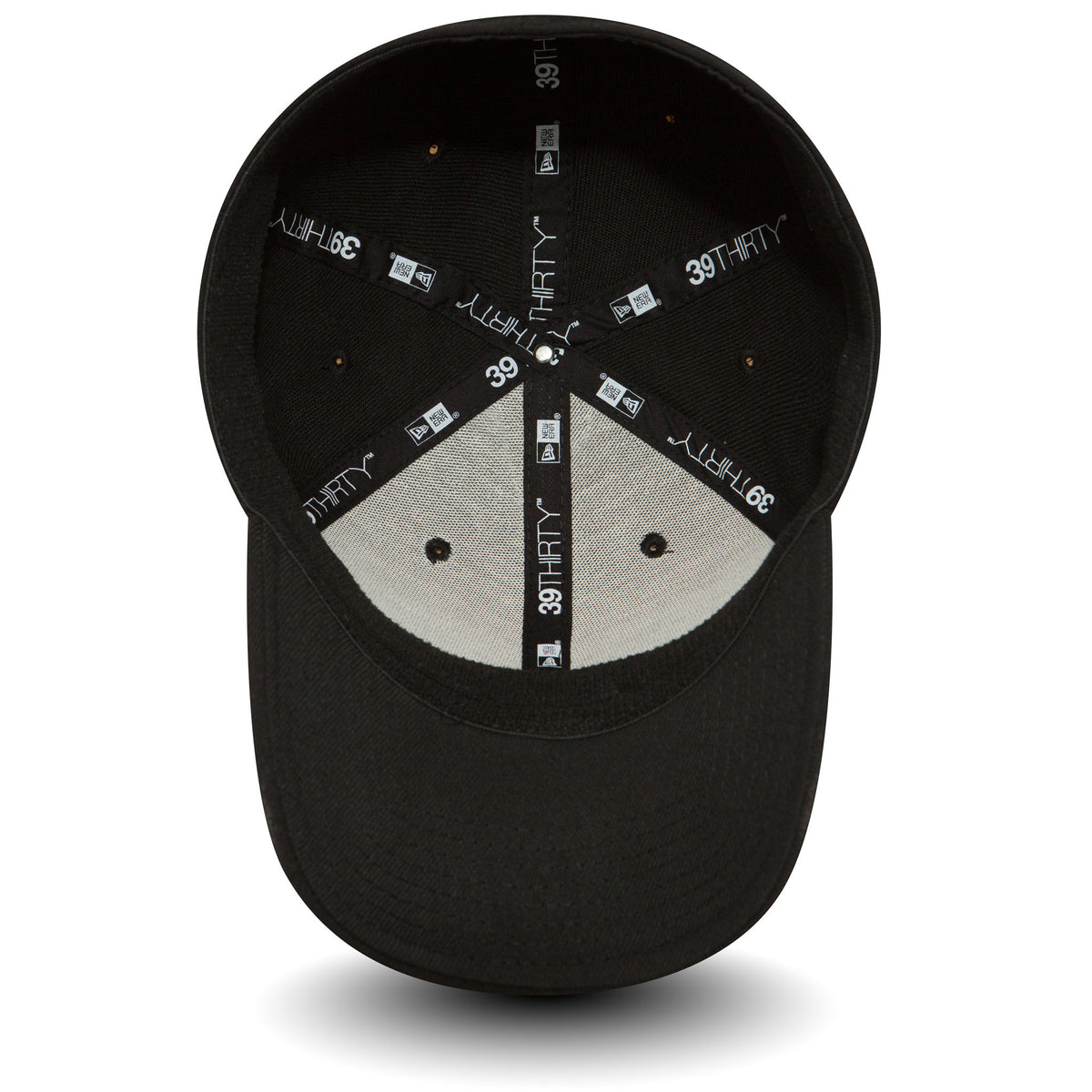 New Era Flag Black New Era 39THIRTY Cap, inside view showing the black sweatband with repeated 39THIRTY branding, grey undervisor, and a network of black taping featuring the New Era logo and 39THIRTY text.