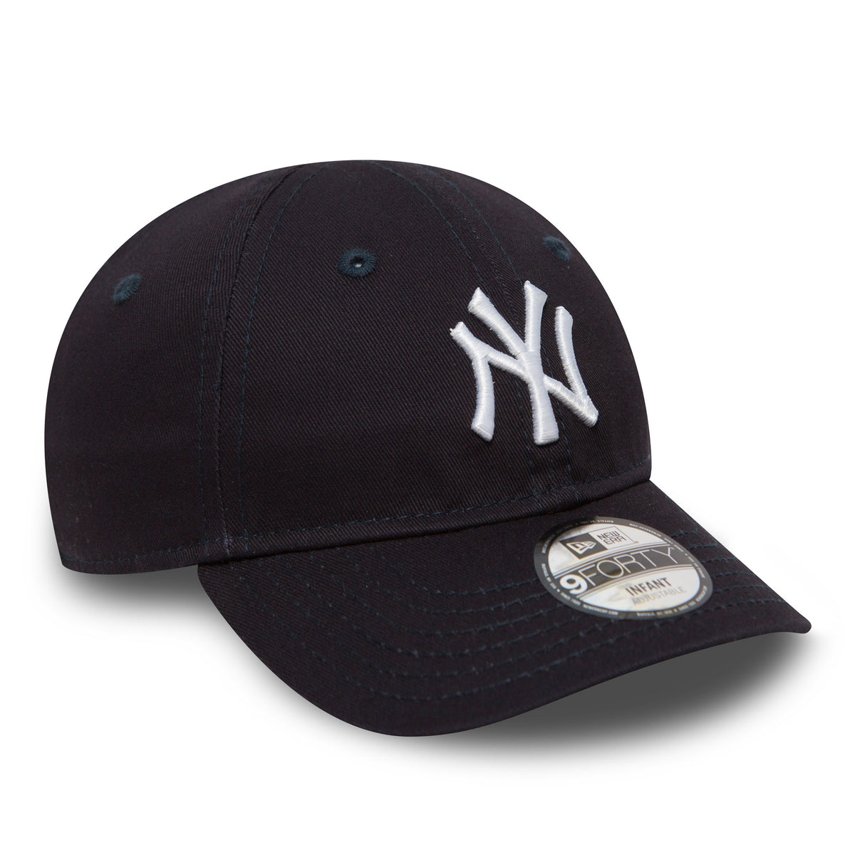 New York Yankees My First Infant Blue New Era 9FORTY Cap, front view showing a white raised embroidered NY logo on the structured blue crown with matching blue eyelets and a 9FORTY size sticker on the curved visor.