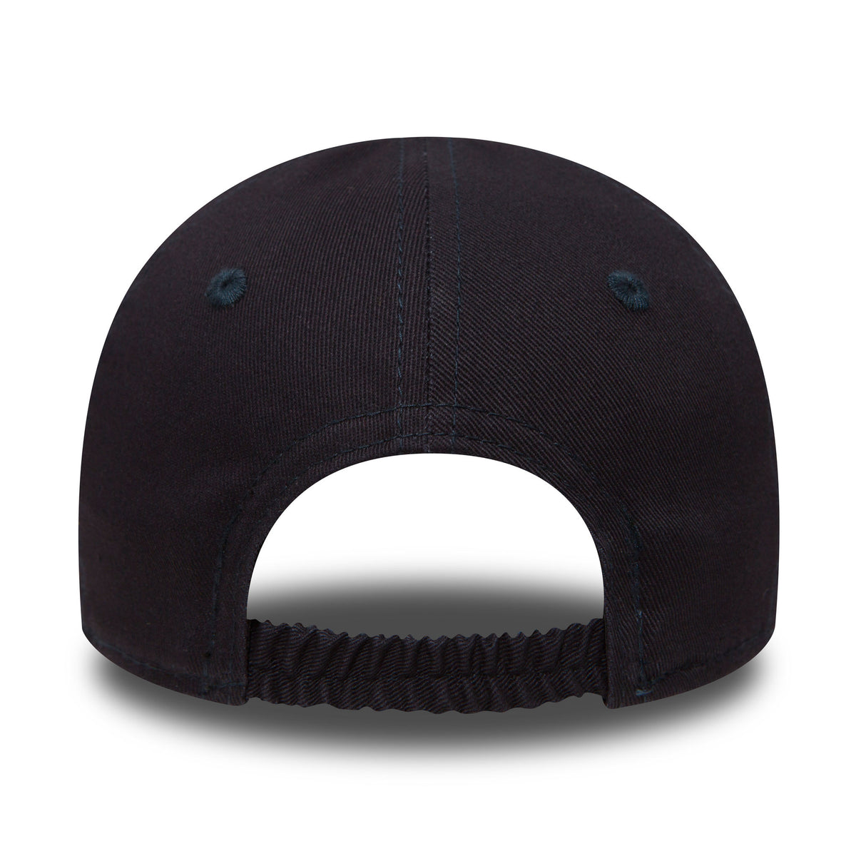 New York Yankees My First Infant Blue New Era 9FORTY Cap, rear view showing the elastic band across the back opening on the soft blue crown, highlighting the infant-friendly adjustable design.