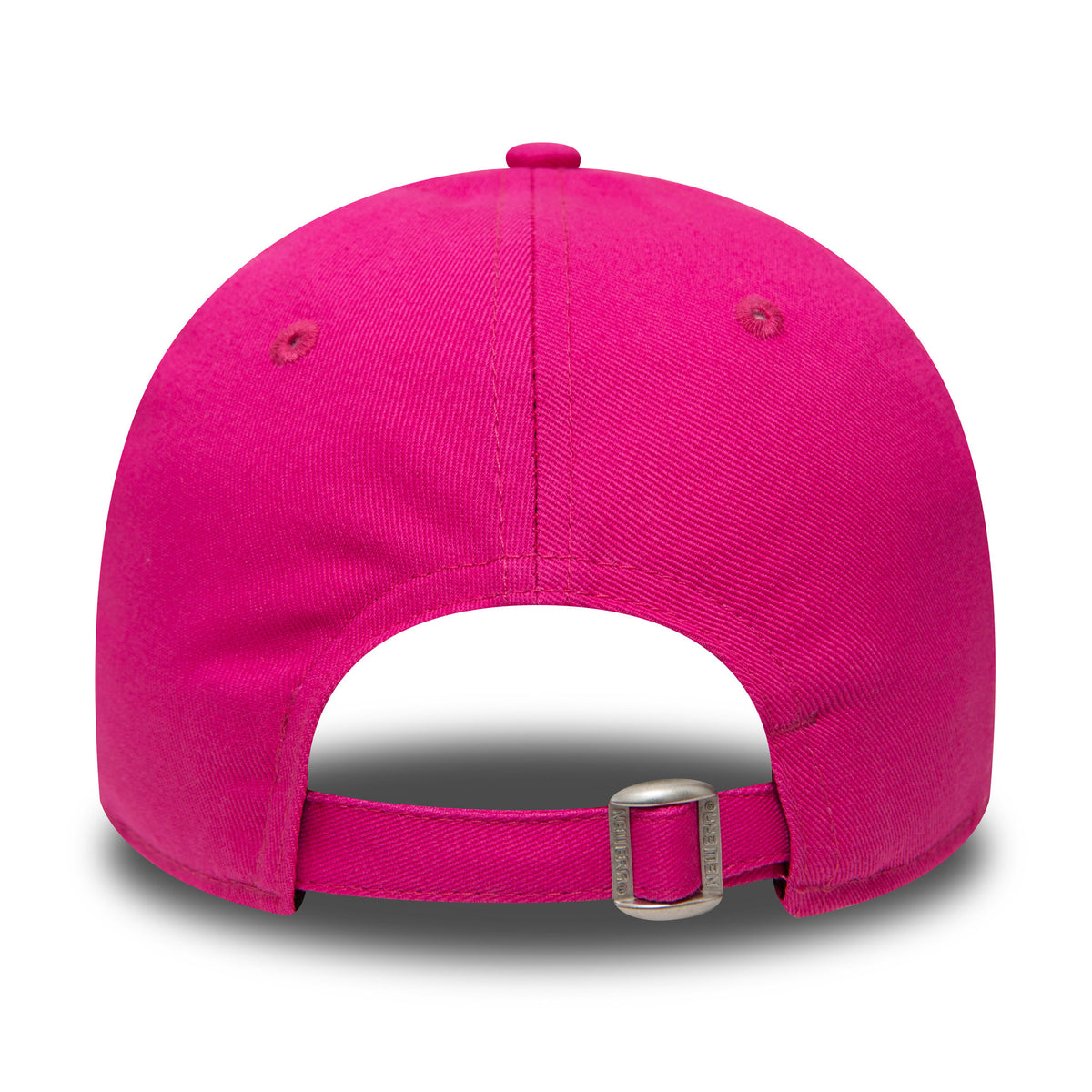 New York Yankees Essential Womens Bright Pink New Era 9FORTY Cap, rear view showing a bright pink structured crown with adjustable strap and metal buckle, with top button centring the design.