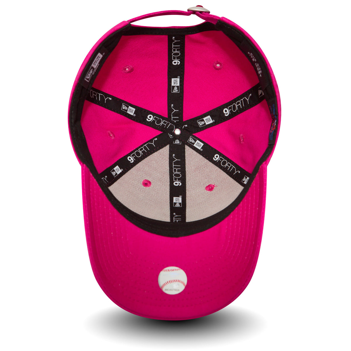 New York Yankees Essential Womens Bright Pink New Era 9FORTY Cap, inside view showing black taping with 9FORTY logos, a grey undervisor, bright pink interior panels and a small white baseball graphic under the visor.