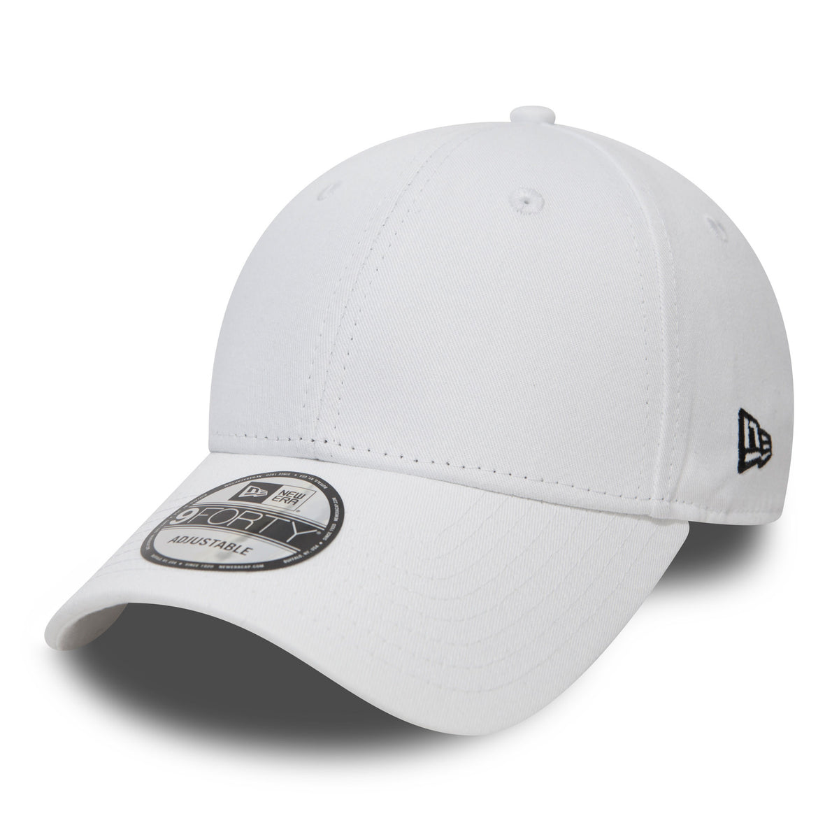 New Era Flag White New Era 9FORTY Cap, side view showing the black embroidered New Era flag logo on the left side, white curved visor, and 9FORTY size sticker on the top of the visor.