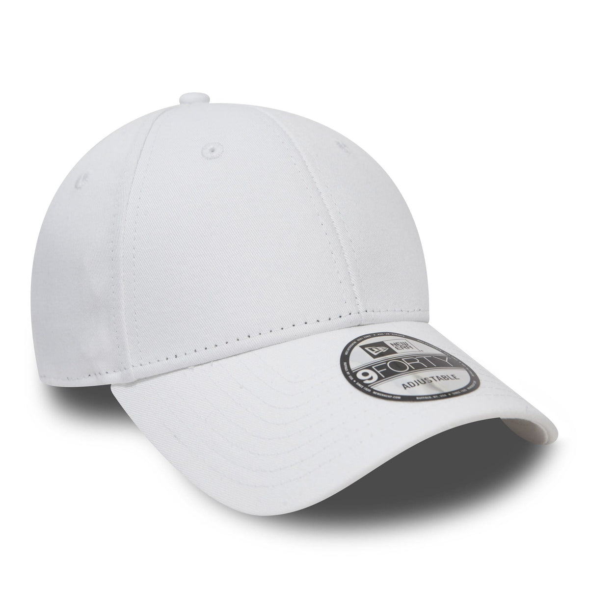 New Era Flag White New Era 9FORTY Cap, three-quarter view showing the curved visor with a 9FORTY size sticker, white crown with structured panels, embroidered eyelets, and a top button.