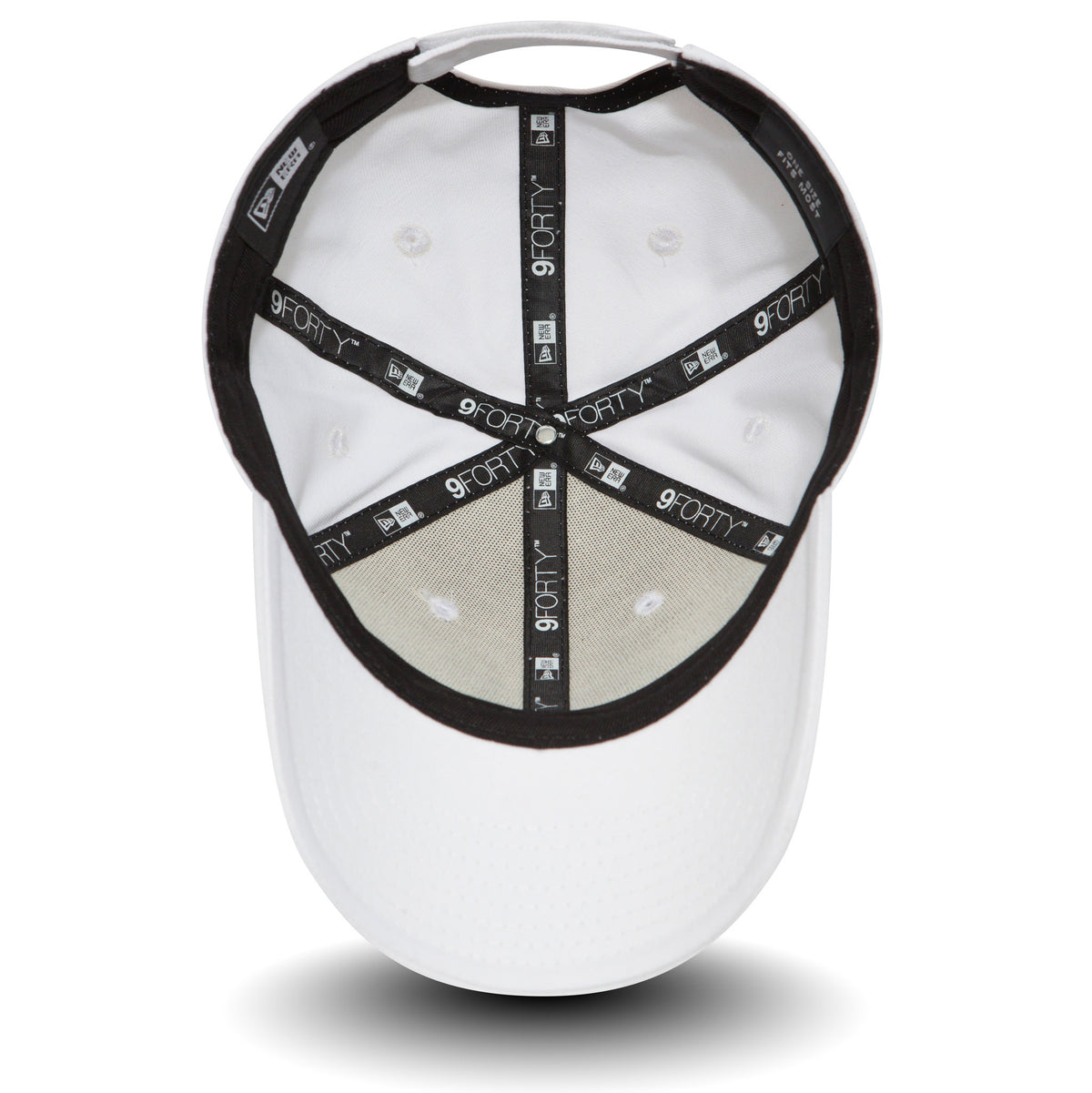 New Era Flag White New Era 9FORTY Cap, inside view showing black taping with white branding, white sweatband, and grey undervisor, with a focus on structured panel construction and perforated detailing.