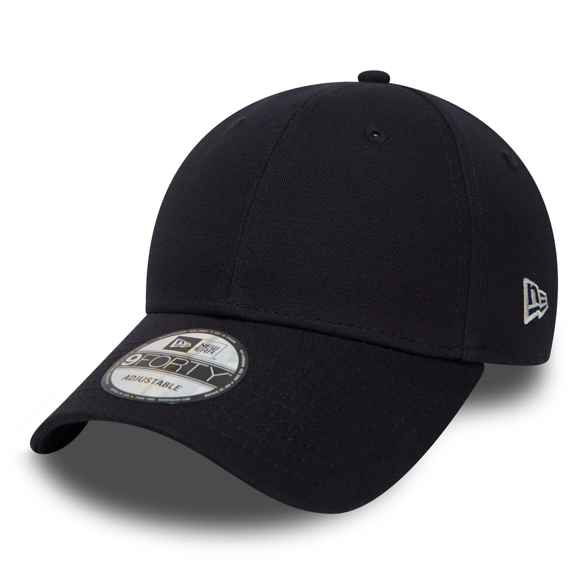 New Era Flag Navy New Era 9FORTY Cap, three-quarter view showing the white New Era flag logo embroidered on the left side, a curved visor with a 9FORTY size sticker, and a top button on the structured navy crown.