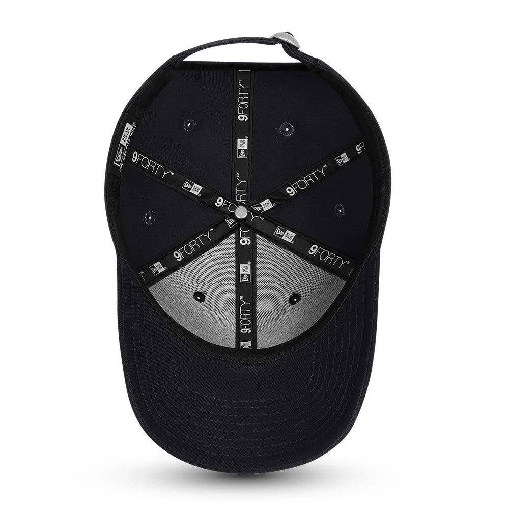 New Era Flag Navy 9FORTY Cap, inside view with black branded taping across the crown, grey undervisor, and four embroidered eyelets around a central top button on the navy sweatband.