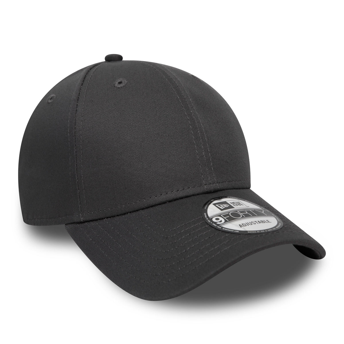 New Era Flag Charcoal Grey New Era 9FORTY Cap, three-quarter view showing the stitched top button, embroidered eyelets on the structured crown, and the 9FORTY size sticker on the curved visor.