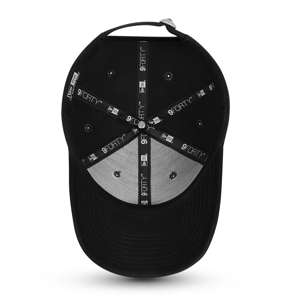 New Era Flag Black 9FORTY Cap, inside view showing black 9FORTY logo taping across the panels, black eyelets, and a grey sweatband with a size sticker on the underside of the black visor.