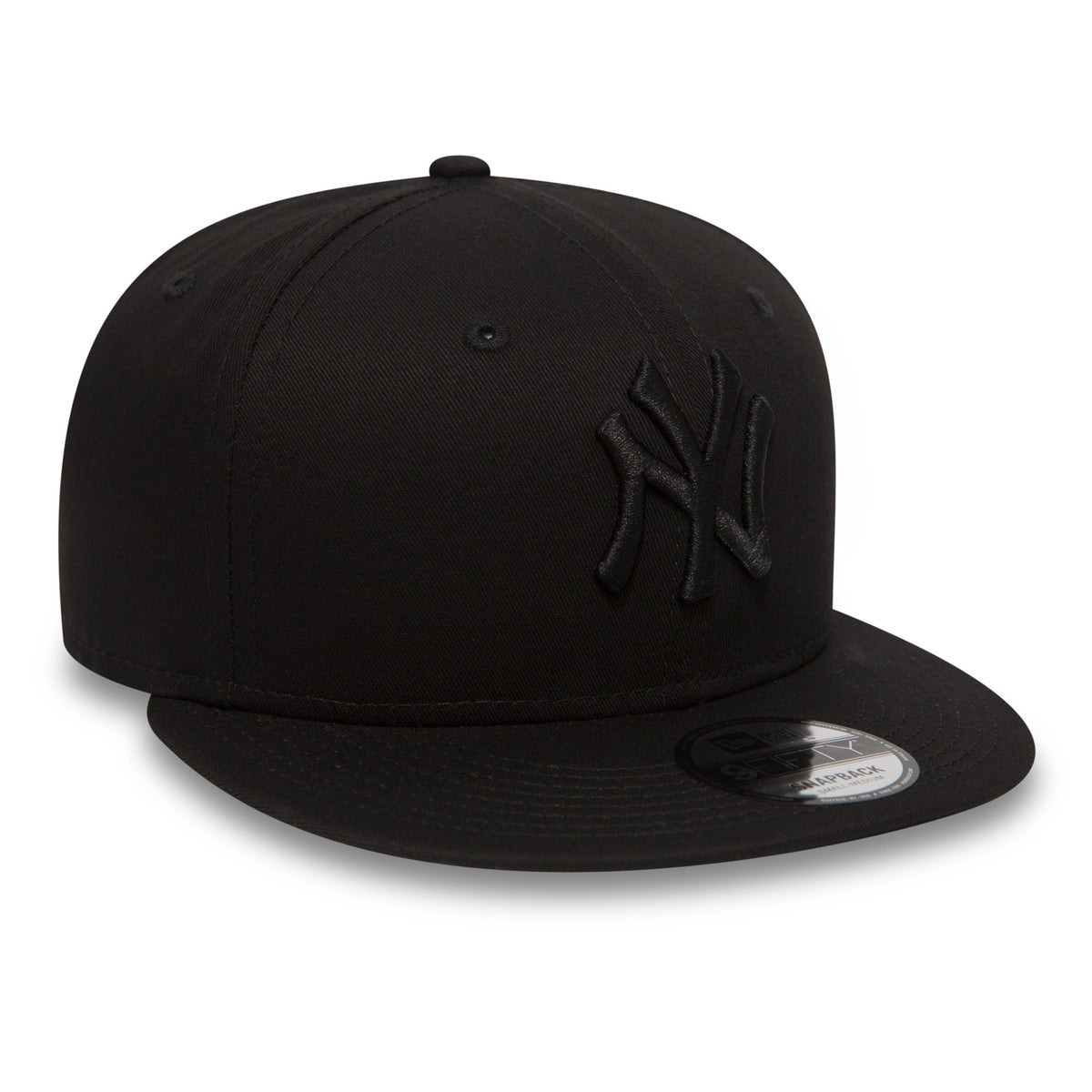 New York Yankees Black On Black New Era 9FIFTY Cap, three-quarter view showing the raised black embroidered NY logo on the front panel and the 9FIFTY size sticker on the flat black visor.