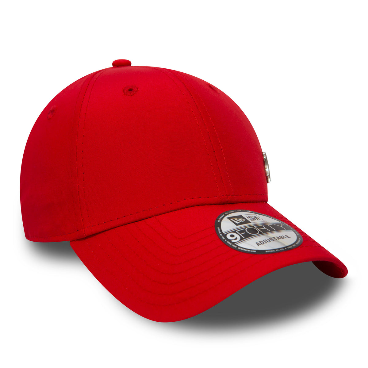 New York Yankees Mini Metal Red New Era 9FORTY Cap, three-quarter view showing the raised metal logo on the front panel, a curved visor with a 9FORTY size sticker, and the structured red crown with matching eyelets and top button.