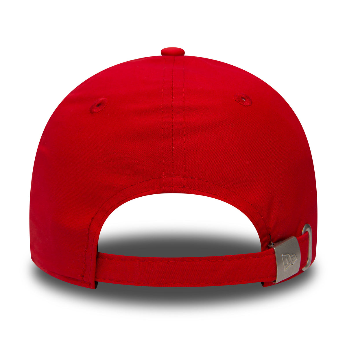 New York Yankees Mini Metal Red New Era 9FORTY Cap, rear view showing the adjustable strap with a metal buckle on the vibrant red crown, along with the New Era flag logo embossed on the buckle.