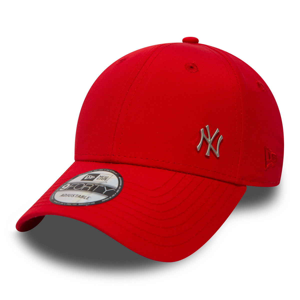 New York Yankees Mini Metal Red New Era 9FORTY Cap, three-quarter view showing a raised metallic NY logo on the front panel, a red New Era flag logo on the left side, and a curved visor with a 9FORTY size sticker.