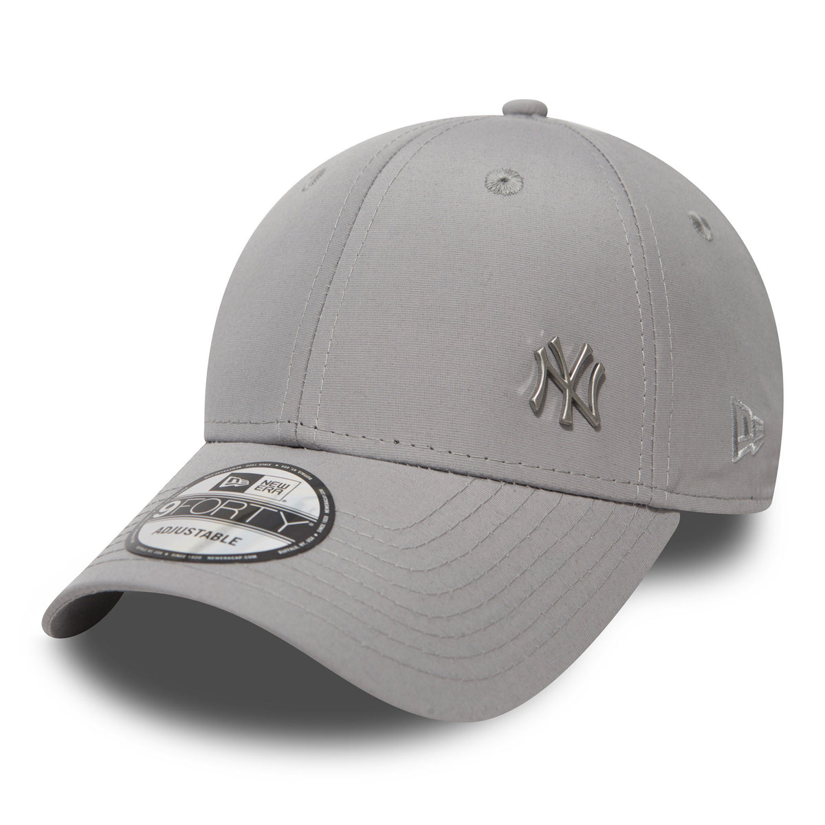 New York Yankees Flawless Grey New Era 9FORTY Cap, three-quarter view showing raised silver NY logo on the front panel, grey curved visor with 9FORTY size sticker, and New Era flag logo on the left side.