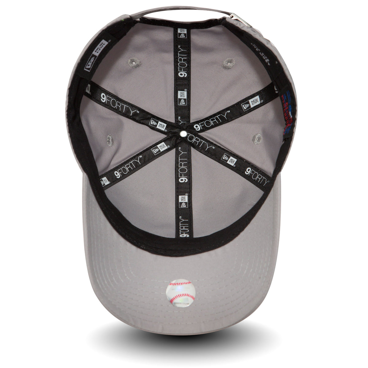 New York Yankees Flawless Grey New Era 9FORTY Cap, inside view showing black 9FORTY taping across the grey panels, a white top button, and a grey undervisor with a small red and white baseball graphic near the edge.