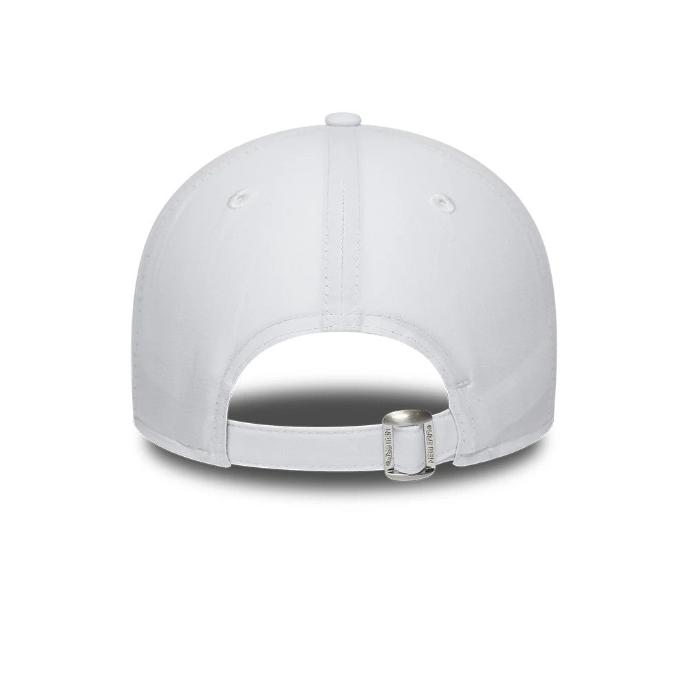New York Yankees Flawless White New Era 9FORTY Cap, rear view showing the adjustable fabric strap and metal buckle at the back, with clean white panels and small eyelets, centred under the top button.