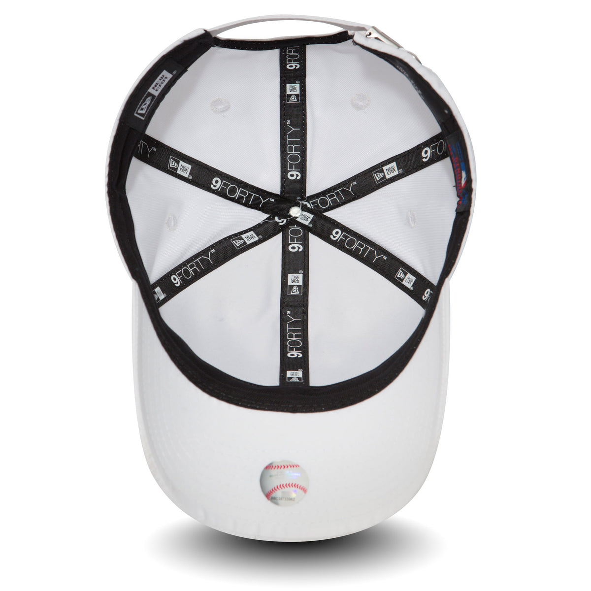 New York Yankees Flawless White New Era 9FORTY Cap, inside view showing black taping with white 9FORTY logo details, black sweatband, and a baseball graphic on the white undervisor.