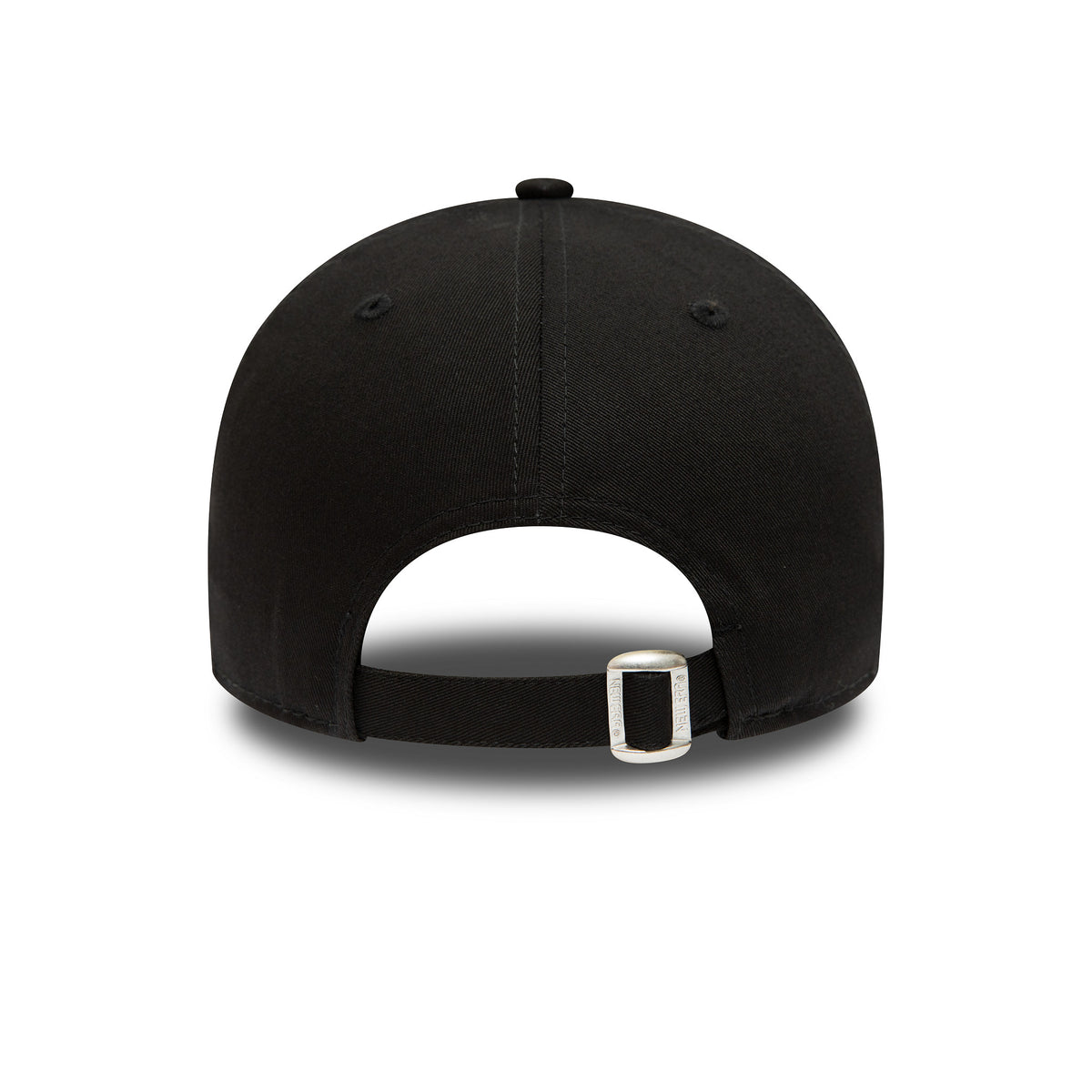 Manchester United Essential Black New Era 9FORTY Cap, rear view showing the curved opening with adjustable strap and metal buckle, highlighting the tonal black design and structured crown with a top button.