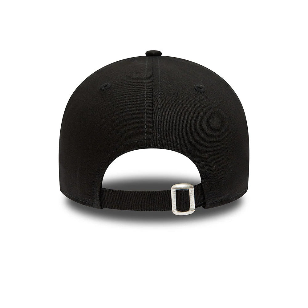 Manchester United FC Youth Core Black New Era 9FORTY Adjustable Cap, rear view showing an open adjustable strap with a silver buckle, simple black design with a neat top button and black eyelets on the crown.