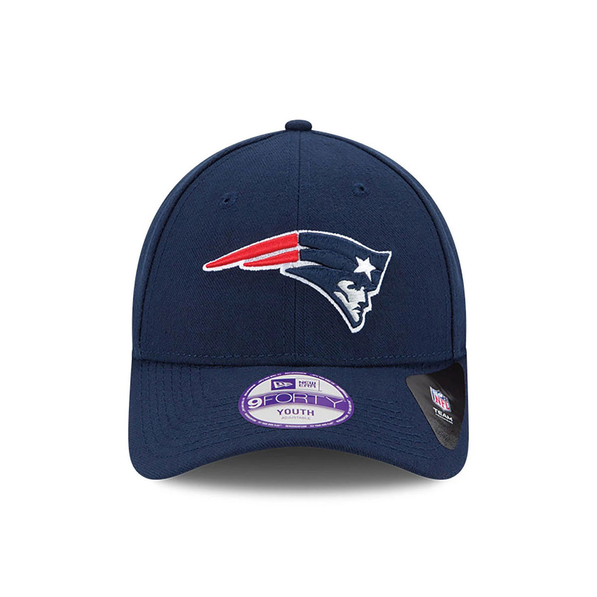 New England Patriots Youth The League Dark Blue New Era 9FORTY Adjustable Cap, front view showing the raised embroidery Patriots logo on the front panel and the 9FORTY size sticker centred on the dark blue visor.