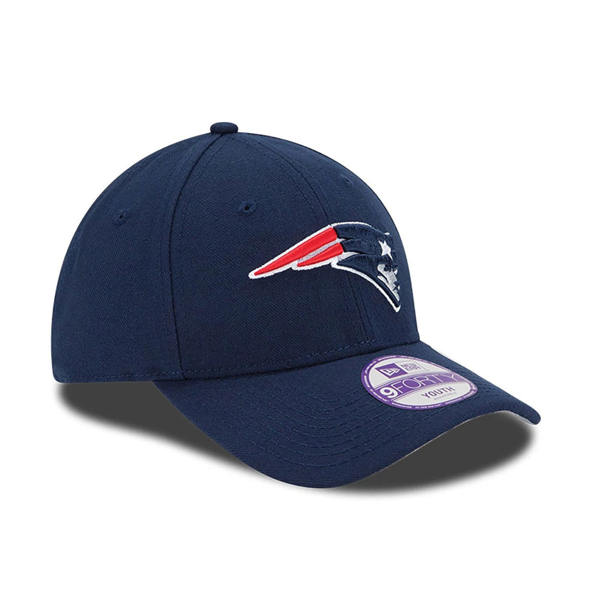 New England Patriots Youth The League Dark Blue New Era 9FORTY Adjustable Cap, three-quarter view showing the raised embroidered team logo on the front panel, with a curved visor and 9FORTY size sticker on top.
