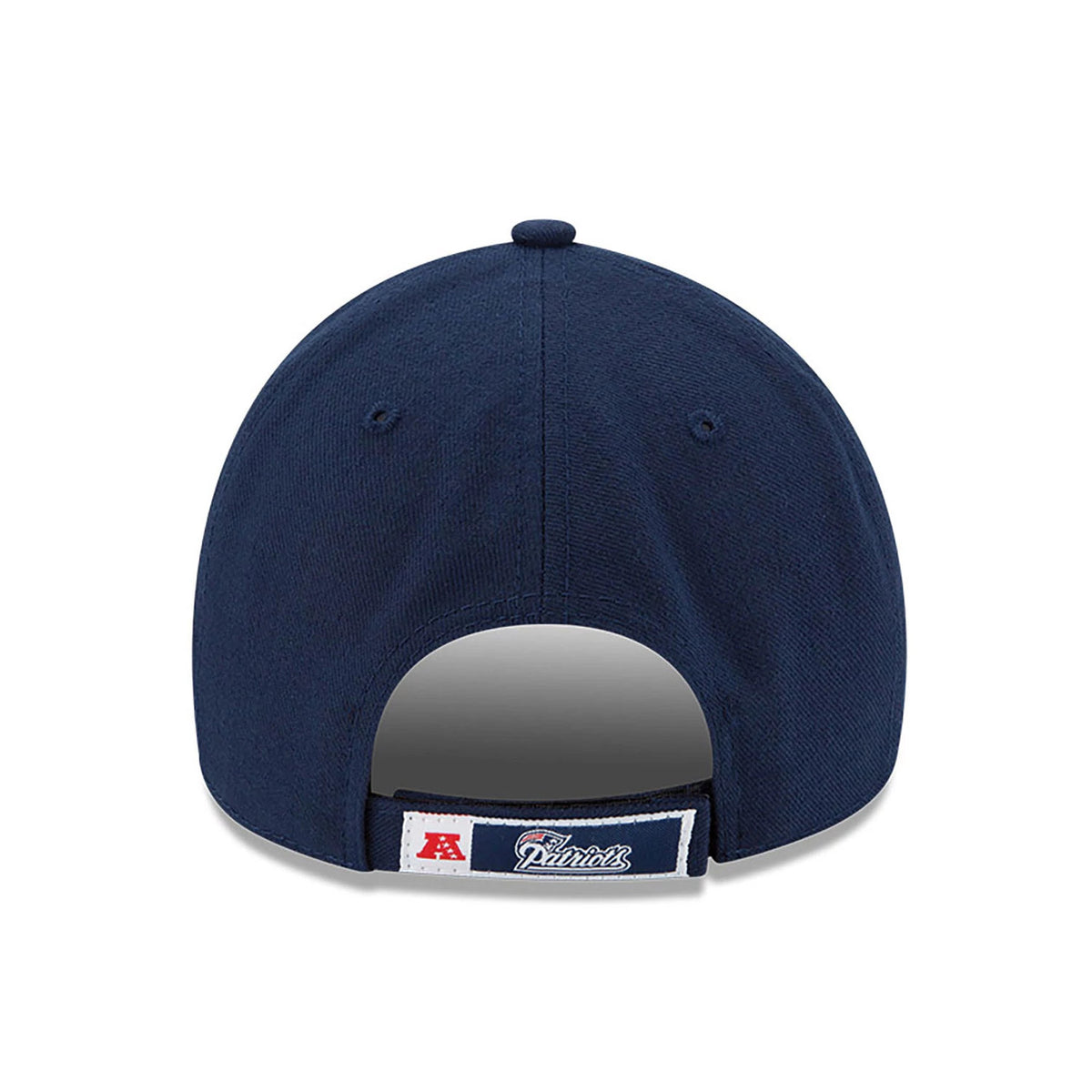 New England Patriots Youth The League Dark Blue New Era 9FORTY Adjustable Cap, rear view showing the Patriots logo on the adjustable strap, centred on a structured dark blue crown with a top button and embroidered eyelets.