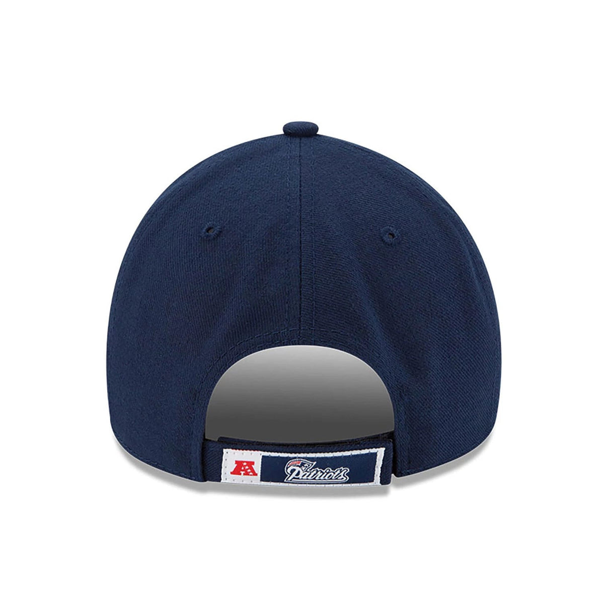 New England Patriots Youth The League Dark Blue New Era 9FORTY Adjustable Cap, rear view showing the Patriots logo on the adjustable strap, centred on a structured dark blue crown with a top button and embroidered eyelets.