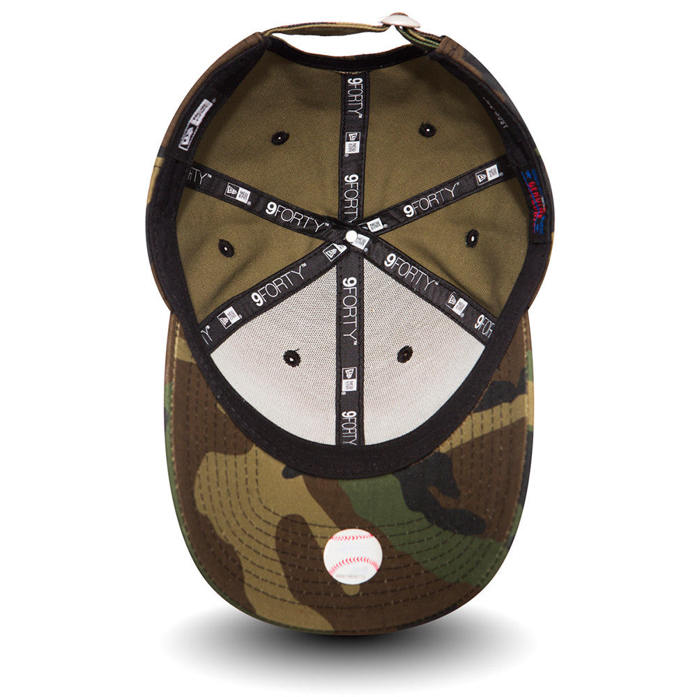 New York Yankees Essential Camo New Era 9FORTY Cap, inside view showing black 9FORTY taping across the panels, black sweatband, and grey undervisor, with baseball embroidery on the camo-patterned visor.