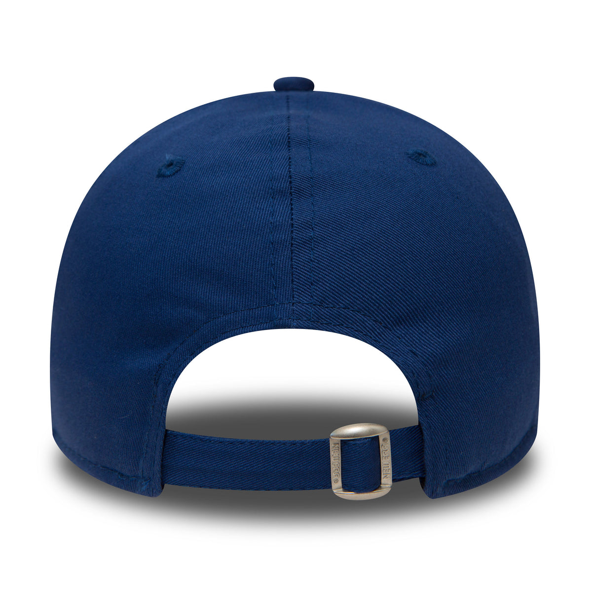 LA Dodgers Essential Blue New Era 9FORTY Cap, rear view showing the adjustable strap with silver metal clasp, no back logo on the blue structured crown, and matching eyelets and top button.