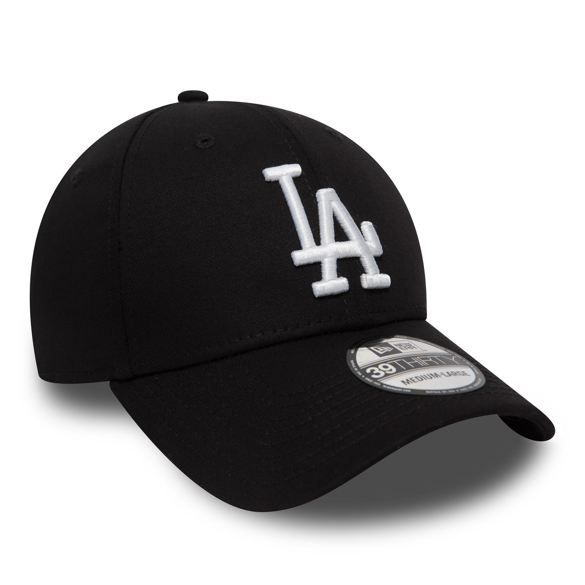 LA Dodgers Essential Black New Era 39THIRTY Cap, three-quarter view showing the white raised embroidered LA logo on the front panel and the 39THIRTY size sticker on the curved visor.