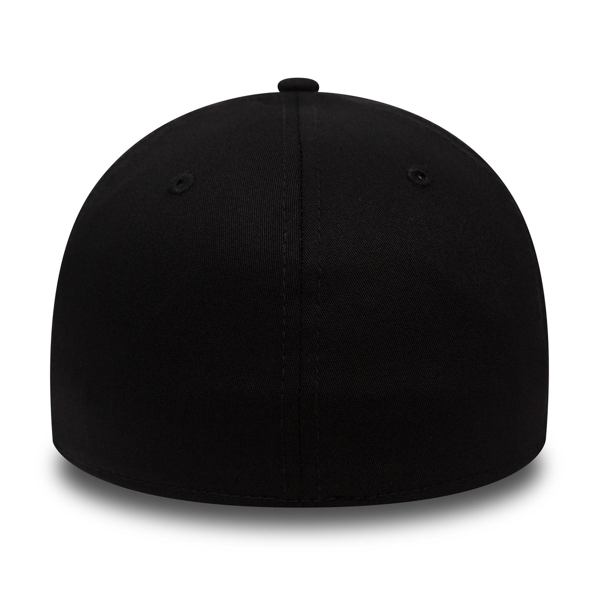 LA Dodgers Essential Black New Era 39THIRTY Cap, rear view showing the smooth black crown with minimal panel seams and a centred top button, designed for a comfortable fit without a rear logo.