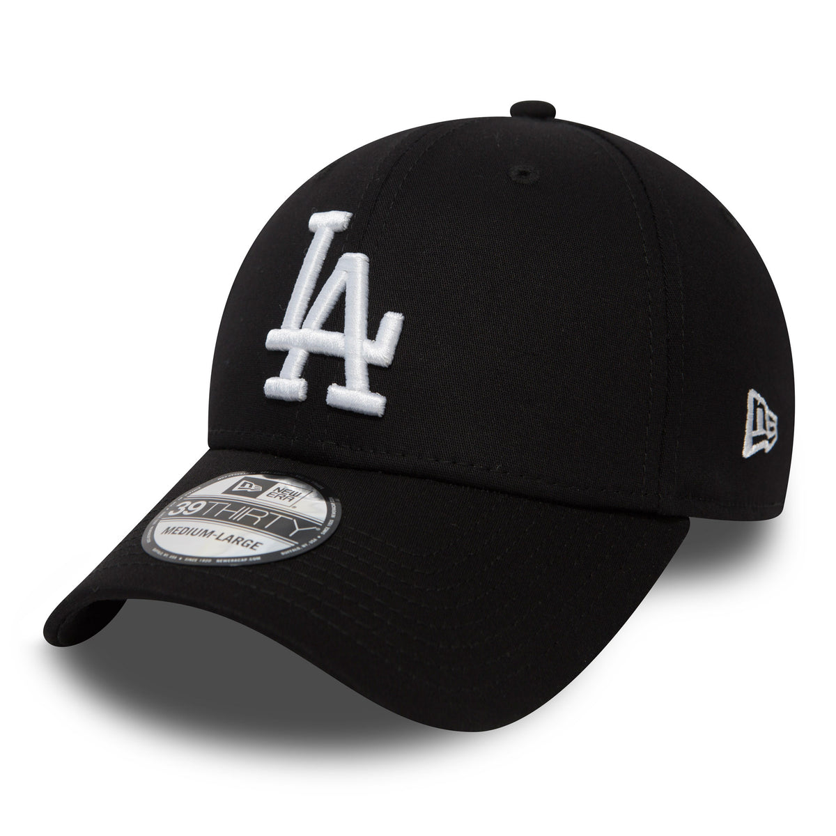 LA Dodgers Essential Black New Era 39THIRTY Cap, three-quarter view showing the raised white LA logo embroidery on the front panel, a black visor with a 39THIRTY size sticker, and the New Era flag logo on the left side.