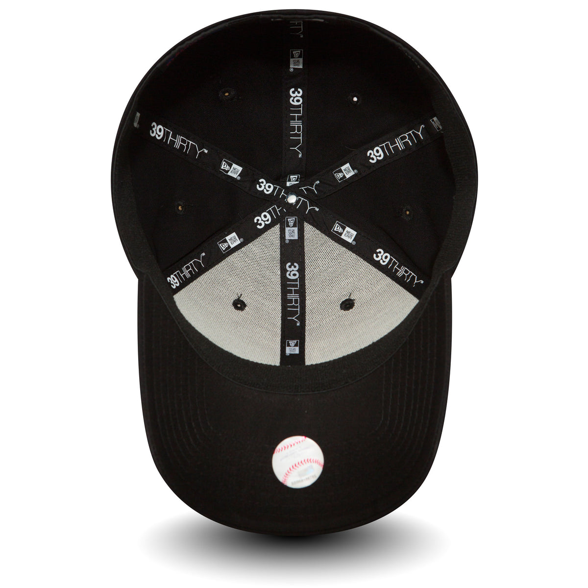 LA Dodgers Essential Black New Era 39THIRTY Cap, inside view showing black taping with 39THIRTY branding across the panels, a grey sweatband, and a white baseball graphic sticker on the underside of the visor.