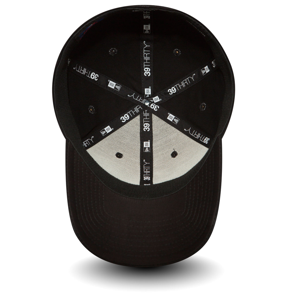 LA Dodgers Essential Black On Black New Era 39THIRTY Cap, inside view showing black and white taping with 39THIRTY branding, black sweatband, and the dark undervisor beneath the structured crown.