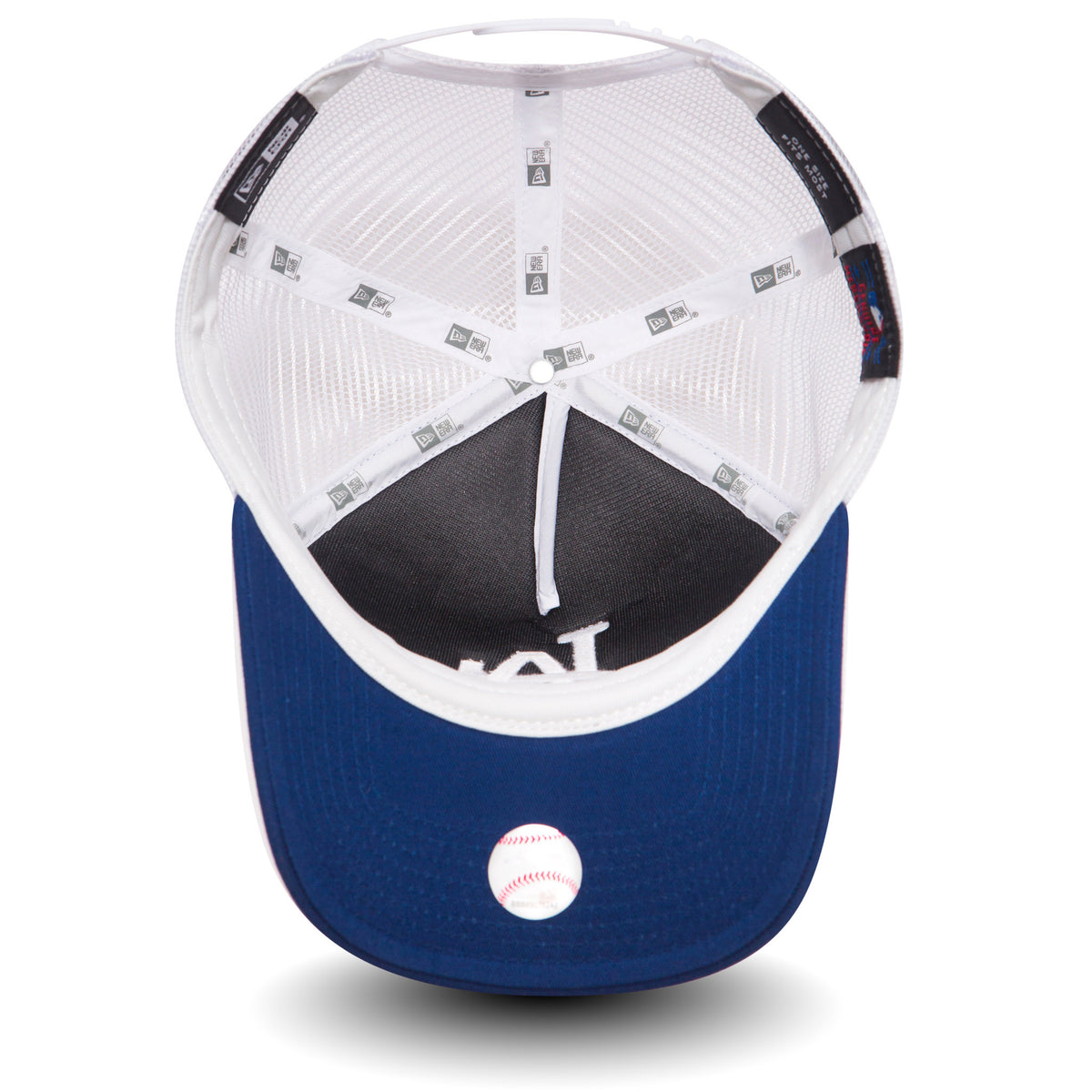 LA Dodgers Clean Blue A-Frame Trucker Cap, inside view showing the white taping and sweatband, white mesh panels, interior stitching, and the underside of the blue visor with a small baseball graphic.