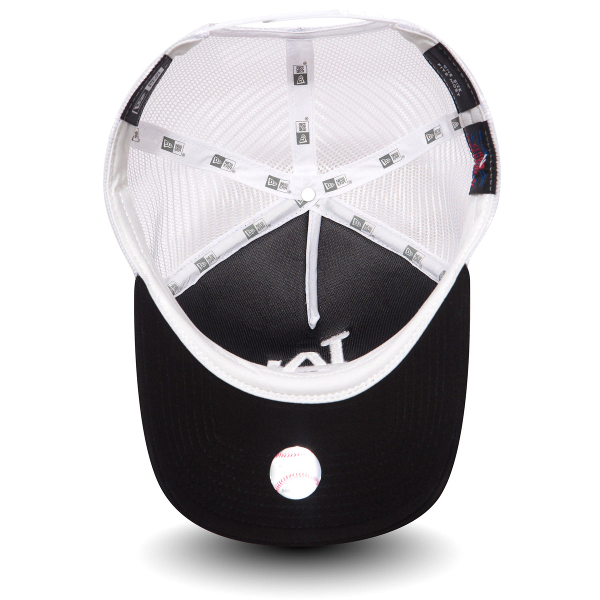 LA Dodgers Clean Black New Era A-Frame Trucker Cap, inside view showing the white taping with repeated New Era logos, white mesh panels, black undervisor, and an embroidered baseball graphic on the underside of the visor.