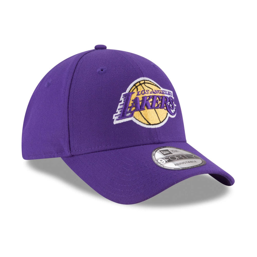 LA Lakers The League Purple New Era 9FORTY Cap, front view showing the raised embroidery team logo on the purple front panel, curved visor with a 9FORTY size sticker, and matching top button and eyelets.