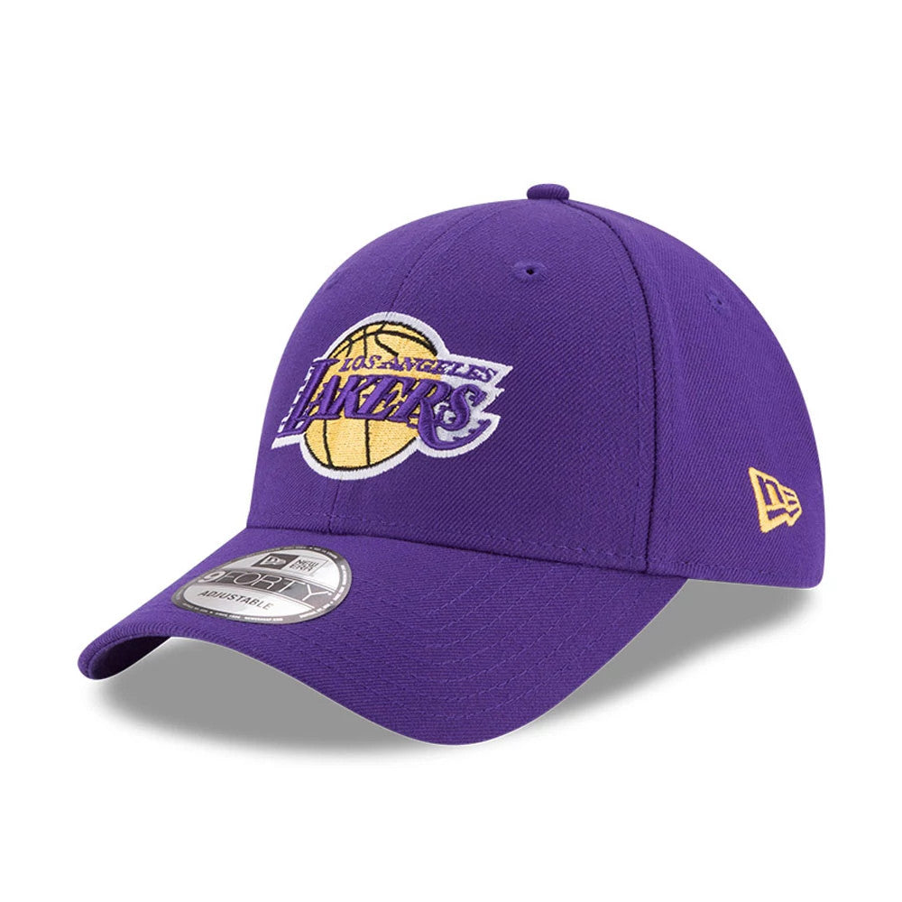 LA Lakers The League Purple Youth New Era 9FORTY Adjustable Cap, three-quarter view showing the raised embroidered Lakers logo on the front panel, with a yellow New Era flag logo on the left side and a 9FORTY size sticker on the visor.