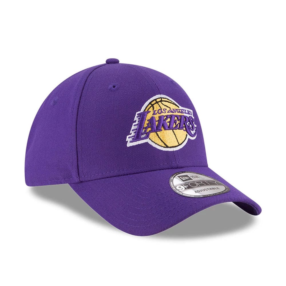 LA Lakers The League Purple Youth New Era 9FORTY Adjustable Cap, three-quarter view showing the raised embroidered Lakers logo on the front panel, with a curved visor and a 9FORTY size sticker on top.