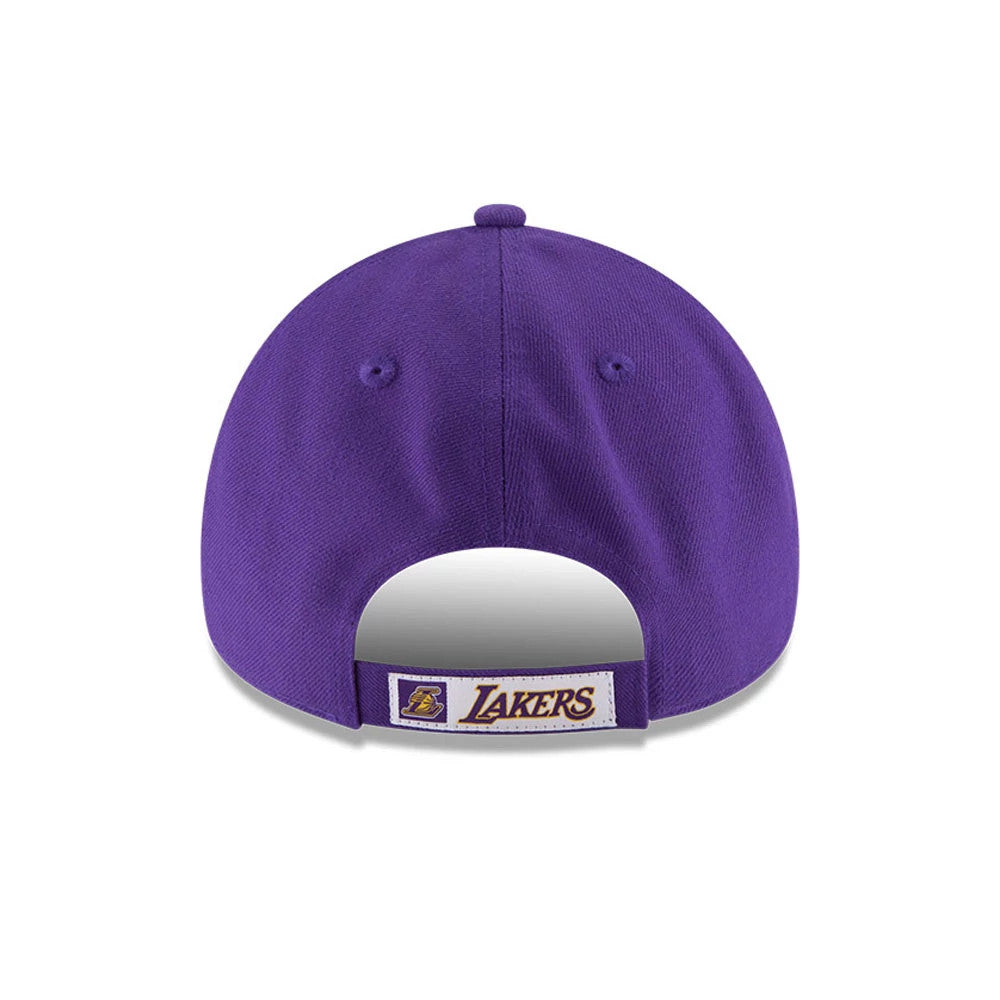 LA Lakers The League Purple Youth New Era 9FORTY Adjustable Cap, rear view showing the embroidered Lakers logo and text on the adjustable strap, with a structured purple crown and matching top button.