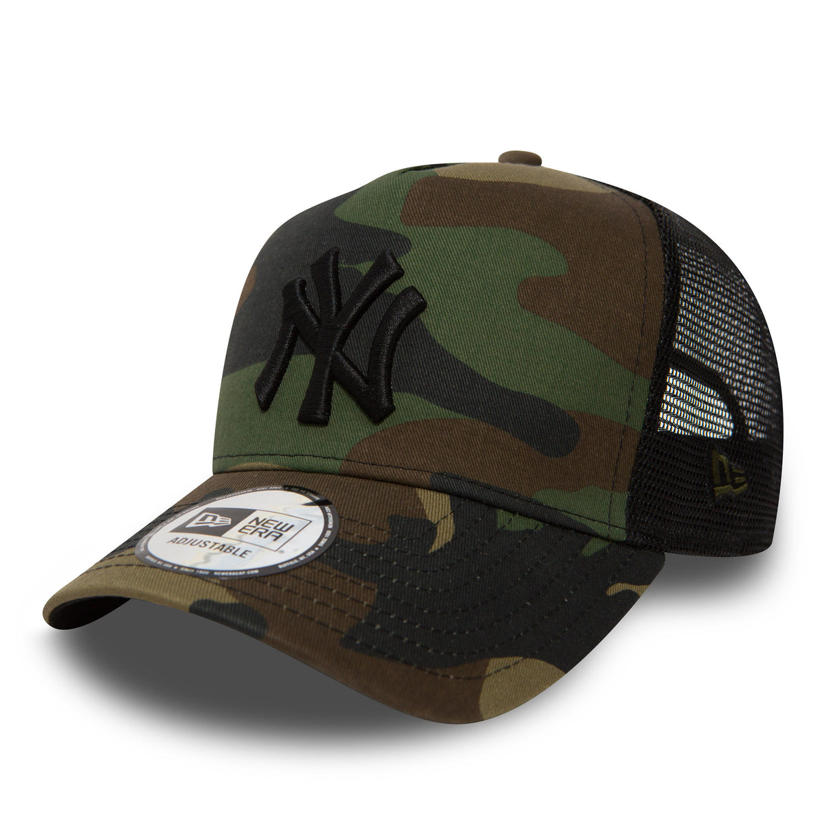 New York Yankees Clean Camo New Era A-Frame Trucker Cap, three-quarter view showing the raised black NY logo on the camo front panel, a 9FORTY size sticker on the visor, and a mesh back with the New Era flag logo on the left side.