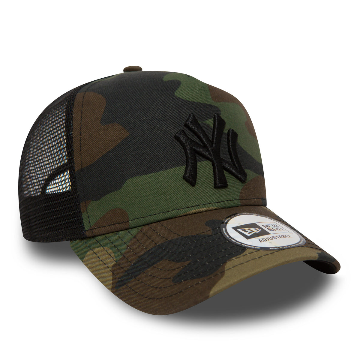 New York Yankees Clean Camo A-Frame Trucker Cap, three-quarter view showing a raised black NY logo on the camouflage front panel, black mesh back, and a New Era 9FORTY size sticker on the visor.