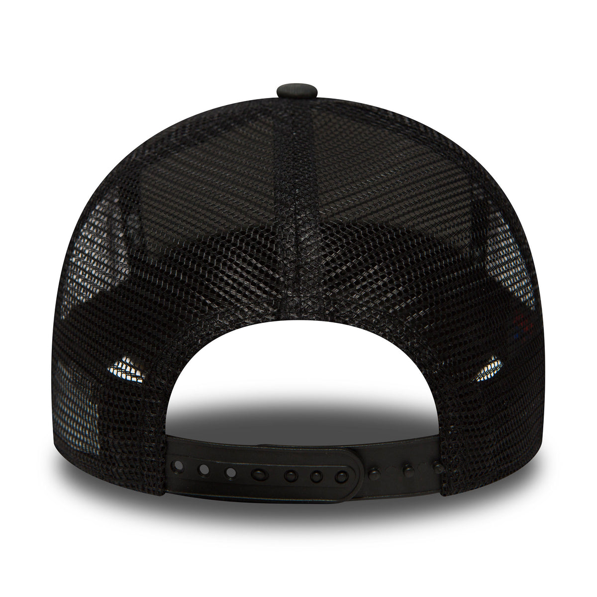 New York Yankees Clean Camo A-Frame Trucker Cap, rear view showing black mesh panels with a plastic snap closure, revealing the slightly curved structure and black top button of the cap.