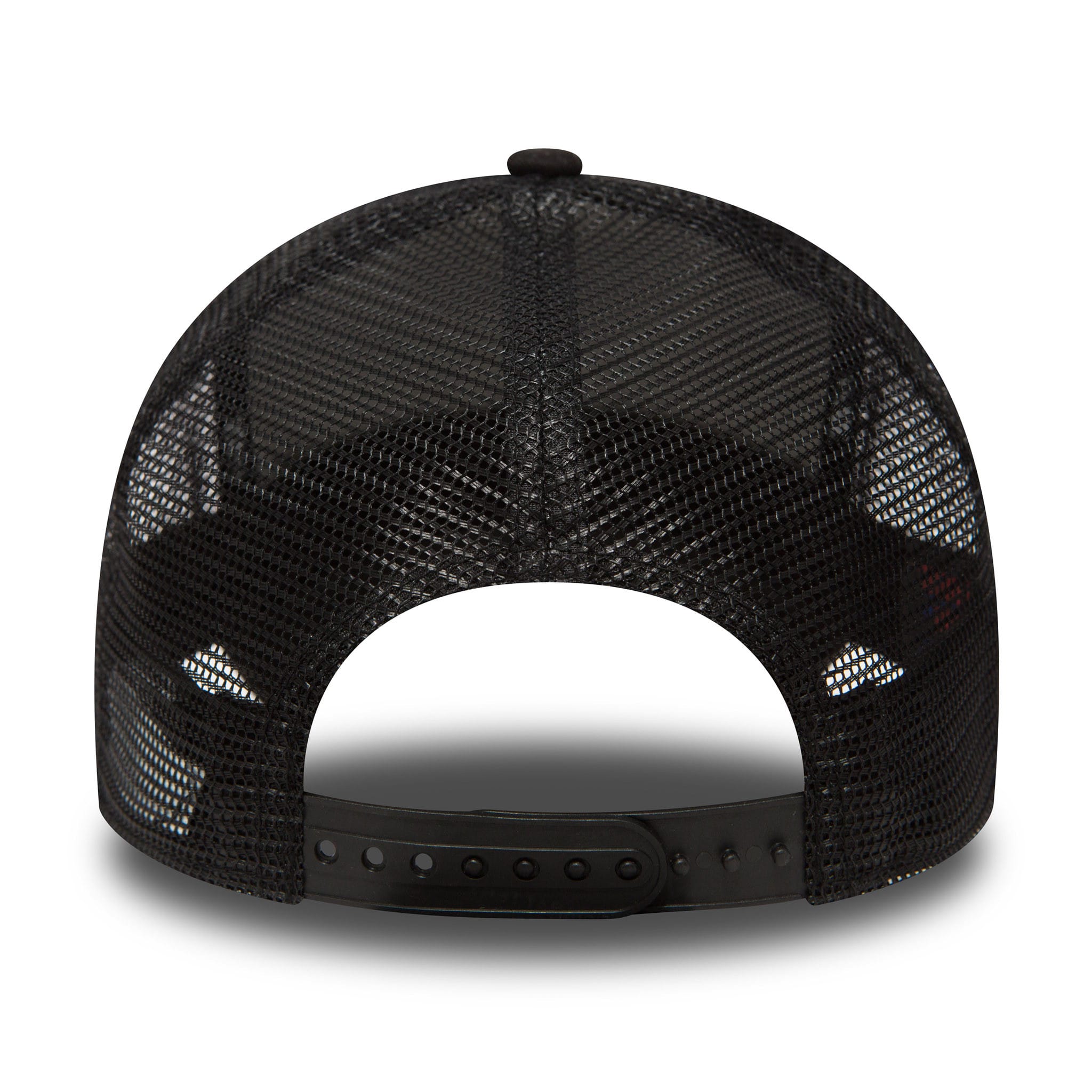 New York Yankees Clean Black On Black A-Frame Trucker Cap, rear view showing the black mesh panels and adjustable snap closure, with a subtle black top button completing the structured shape.