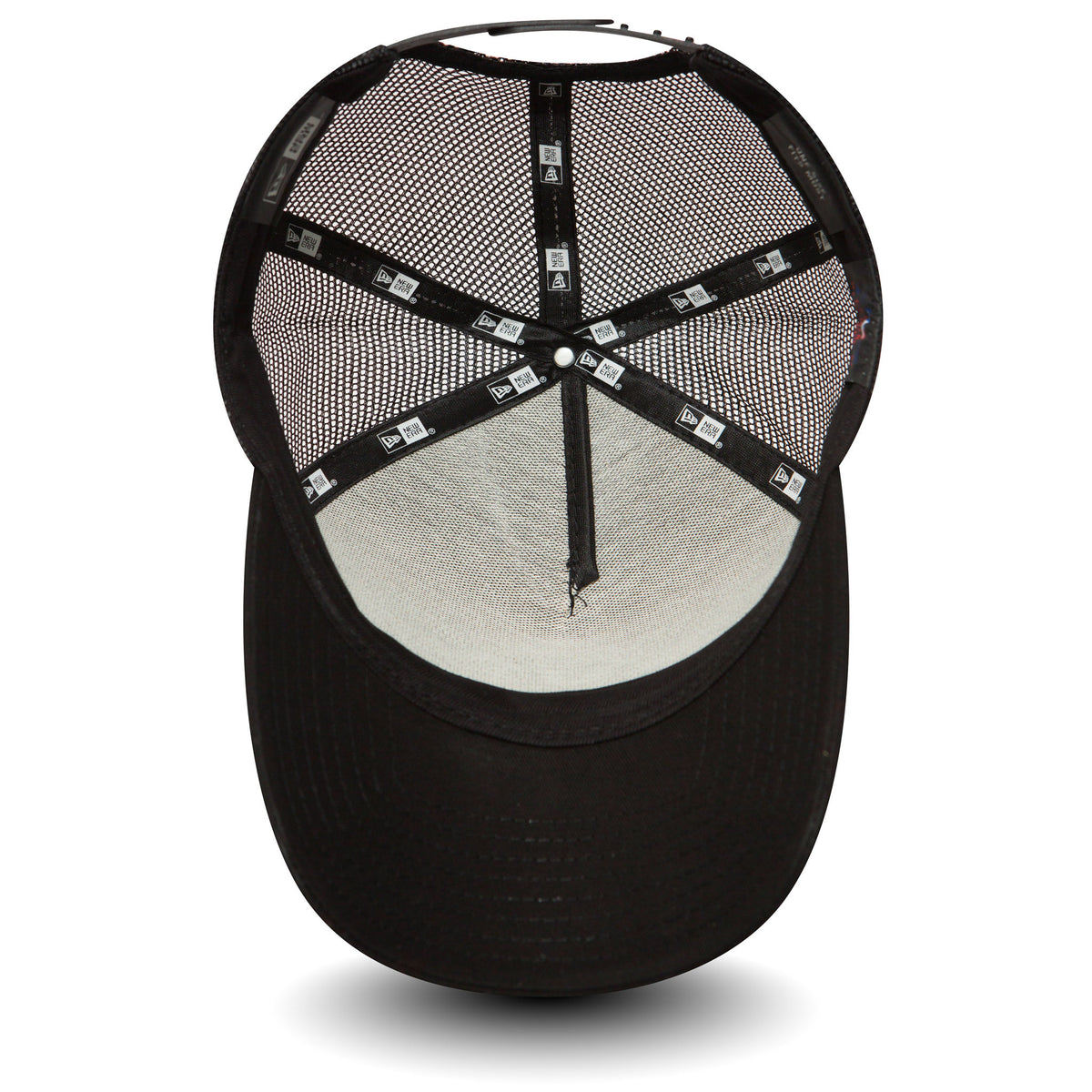 New York Yankees Clean Black On Black A-Frame Trucker Cap, inside view showing black New Era taping along the seams and a mesh interior with a black undervisor, and a black sweatband lining the edge.