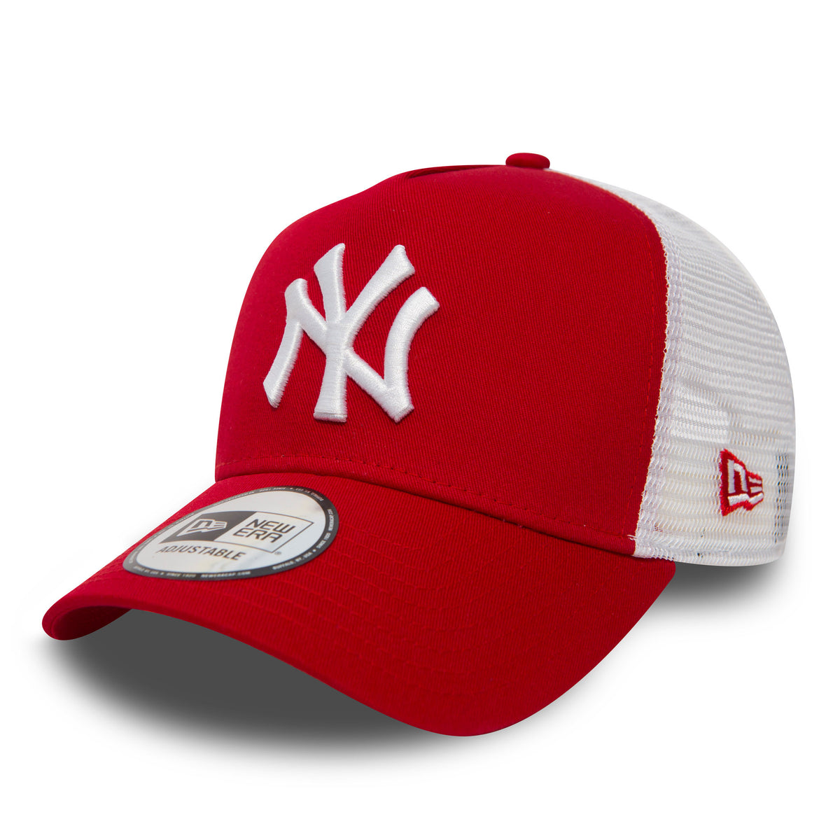 New York Yankees Clean Red New Era A-Frame Trucker Cap, three-quarter view showing a white raised embroidered NY logo on the red front panel, red top button, contrasting white mesh back panels, and New Era flag logo on the left side.