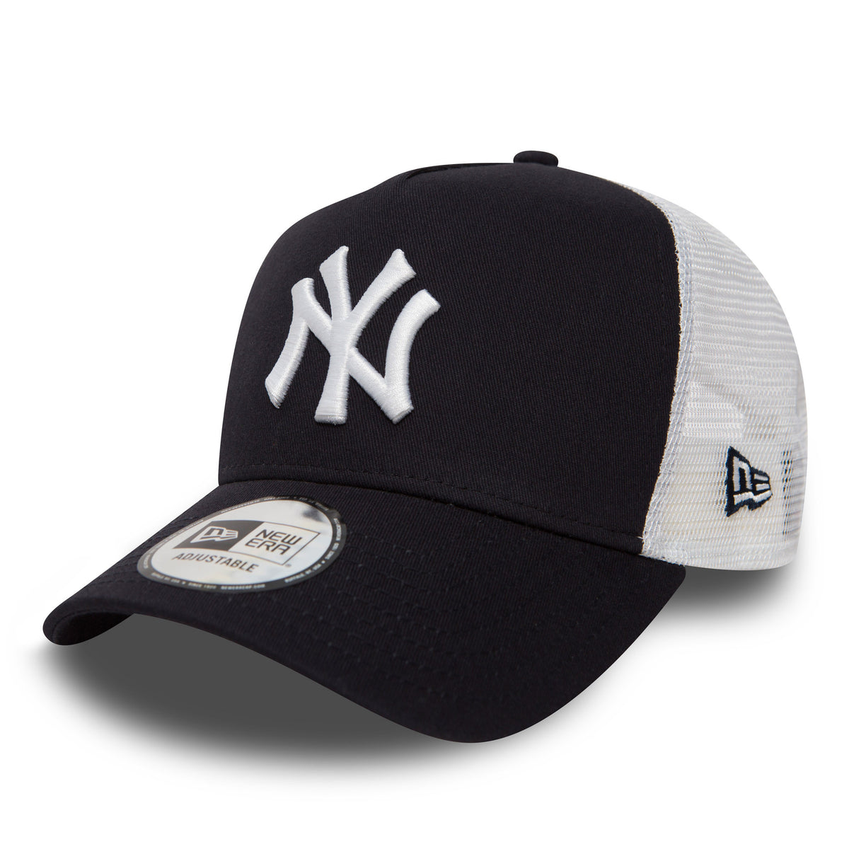 New York Yankees Clean Navy A-Frame Trucker Cap, three-quarter view showing the raised white NY logo on the front panel, curved visor with New Era 9FORTY size sticker, and white mesh backing with New Era flag logo on the left side.