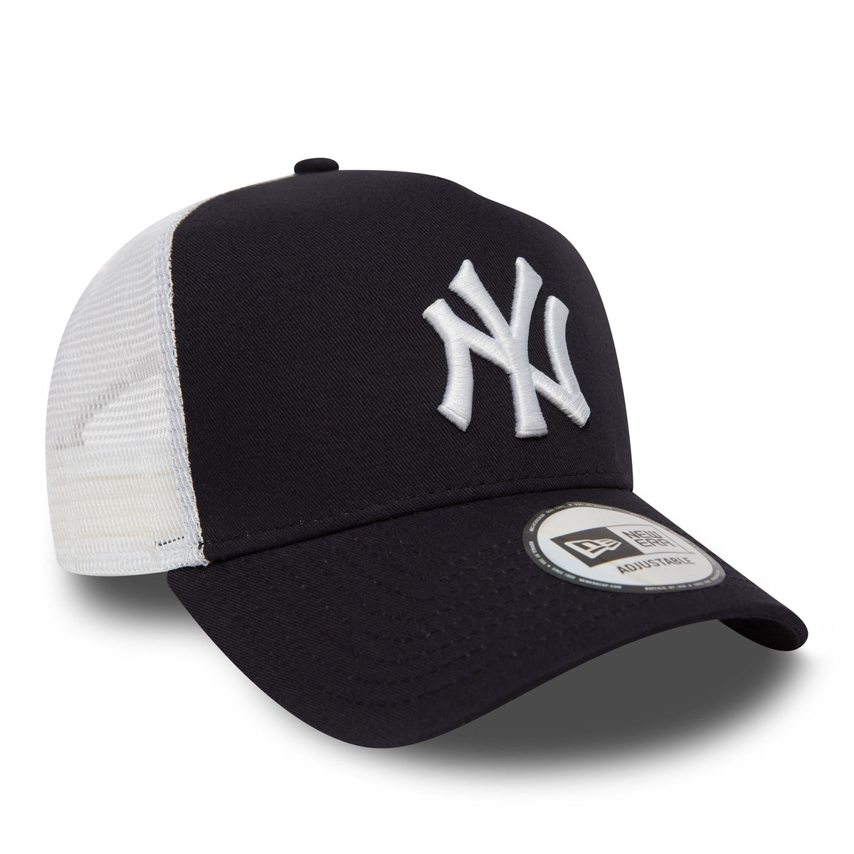 New York Yankees Clean Navy A-Frame Trucker Cap, three-quarter view showing the white embroidered NY logo on the front panel, curved navy visor, 9FORTY size sticker on top, and white mesh back panels.
